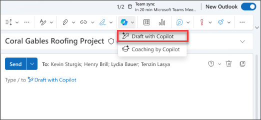 "Draft with Copilot" drop-down menu option in New Outlook