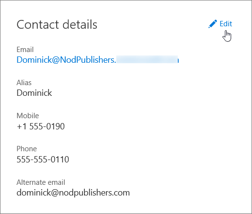 The Contact details pane with a hand icon pointing to the Edit link.