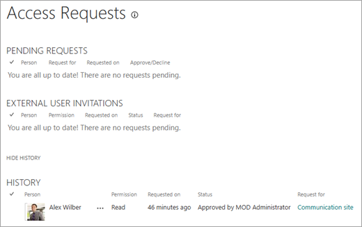 The Access Requests view showing the request history.
