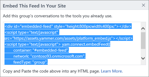 The embed dialog box for a group feed