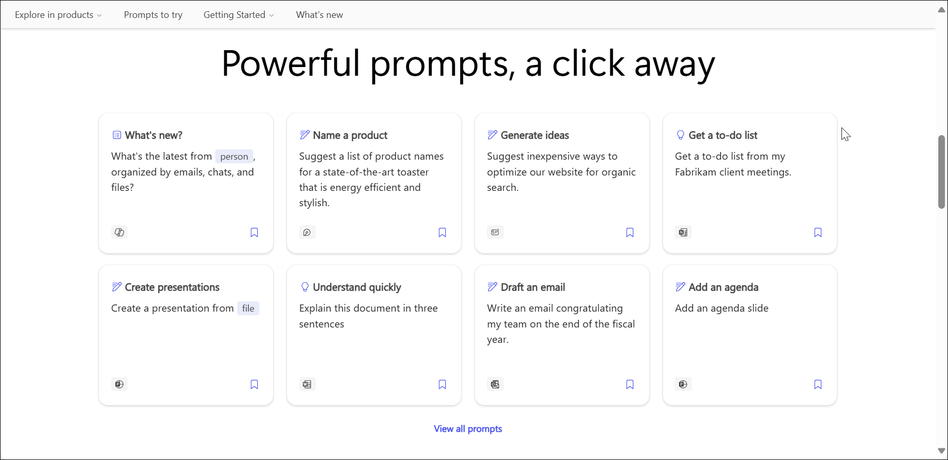Prompts section in Copilot Lab page showing sample prompts.