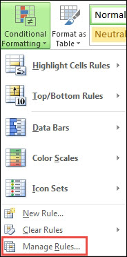 Conditional Formatting menu with Manage Rules highlighted