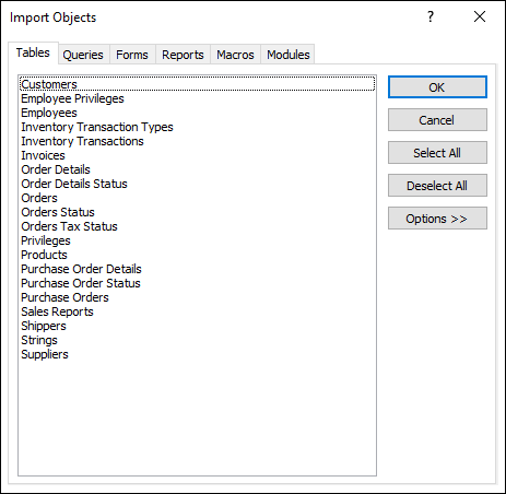 Select objects to import on the Import Objects dialog box
