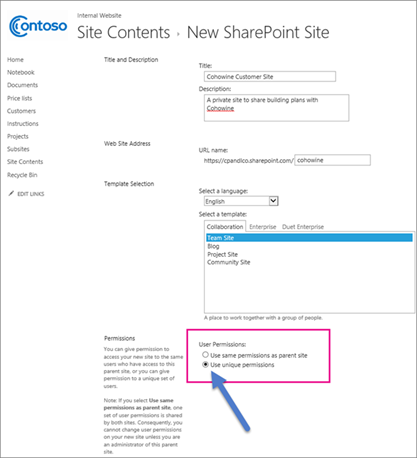 At the New SharePoint sites page, choose the Unique Permissions option.