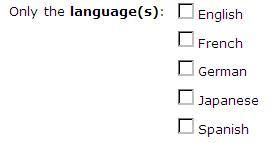 Language check boxes for English, French, German, Japanese, and Spanish