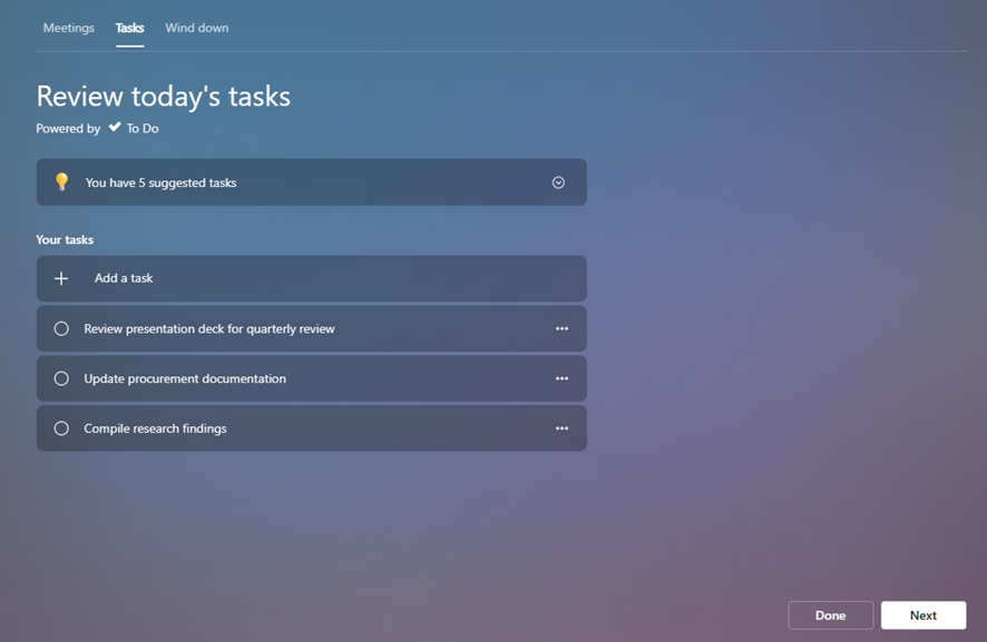 Screenshot that shows the tasks section of the virtual commute