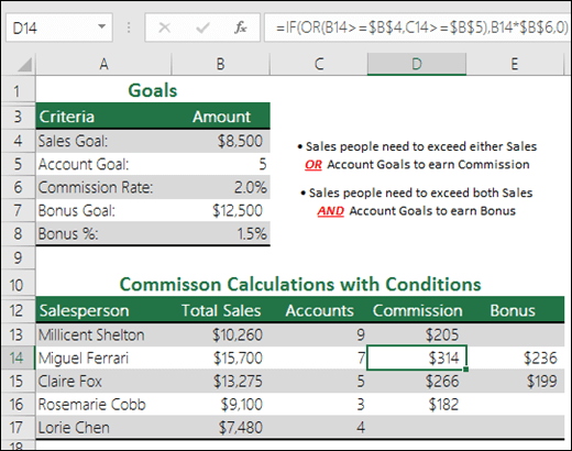 Example of using IF and OR to calculate sales commission.