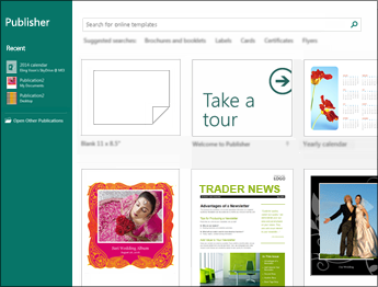 Screenshot of templates on the Publisher Start screen.