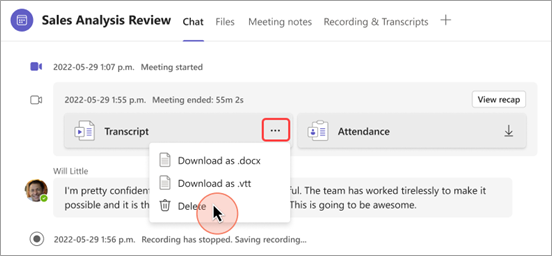Screenshot showing how to delete a transcript from a meeting chat.