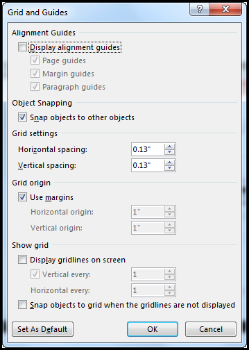 Word Grid and Guides dialog box