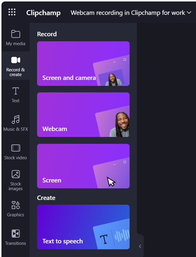 Select webcam, screen, or screen and camera to start a recording