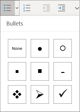 Bullet list button selected on the Home menu ribbon in OneNote for Windows 10.