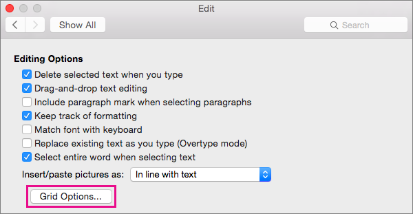 turn off snap to grid word mac 2015