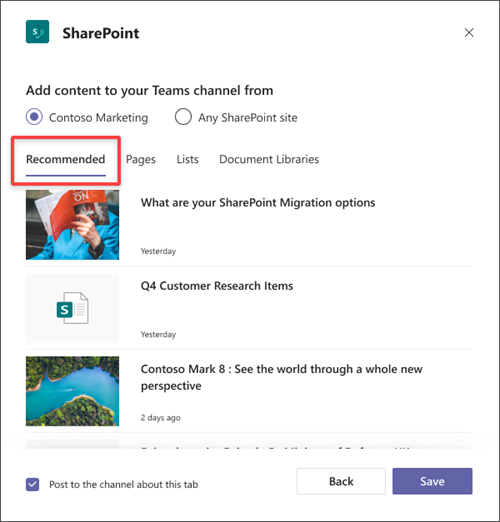 Image of adding a recommended document library as a tab in Teams