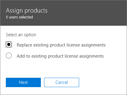 The replace existing product license assignments option in the assign products pane.