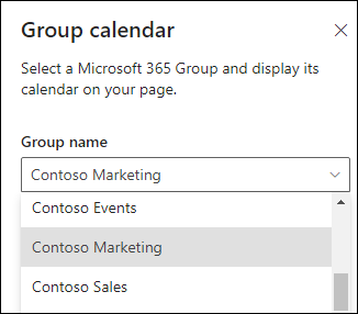 Selecting a Microsoft 365 group from the properties pane. 