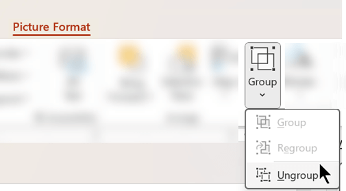 The Ungroup command is on the Picture Format tab of the PowerPoint ribbon.
