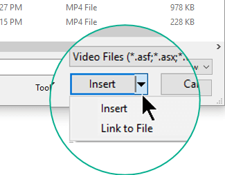 In the Insert Video dialog box, you choose between Insert (which means "Embed") or Link to File.