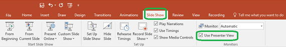 The Presenter View option is controlled by a check box on the Slide Show tab of the ribbon in PowerPoint.
