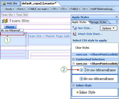 Div.ms-titleareaframe selected in Design view displays the corresponding style in the Apply Styles task pane