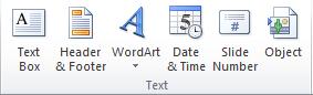 The Text group on the Insert tab in the PowerPoint 2010 ribbon.