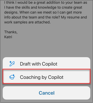 Menu option for Coaching by Copilot in Outlook for mobile