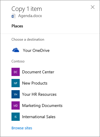 Screenshot of the Choosing a destination when copying a files from OneDrive for Business to a SharePoint site.