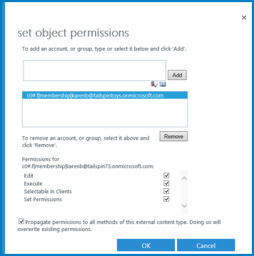 A screenshot of the Set Object Permissions dialog for Business Connectivity Services in SharePoint Online.