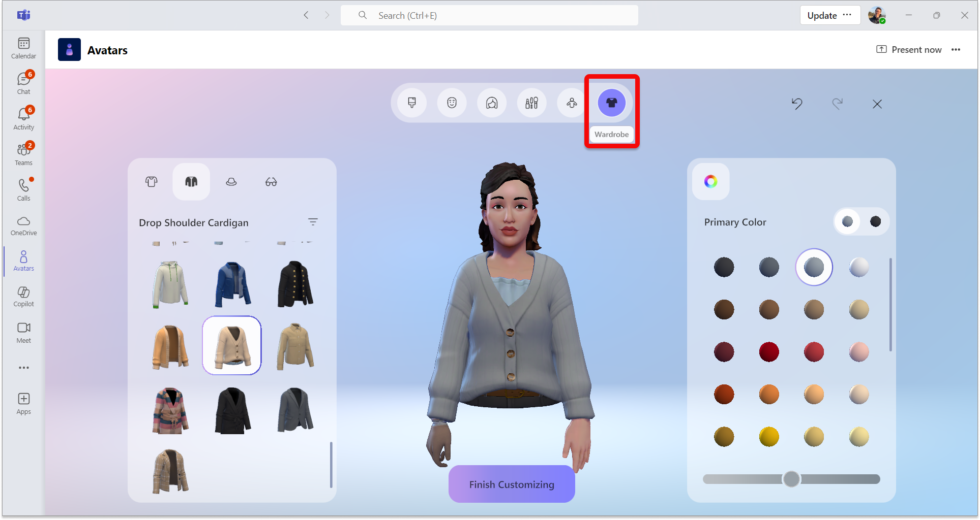 Screenshot of Avatar app in Teams showing the customization of the wardrobe.