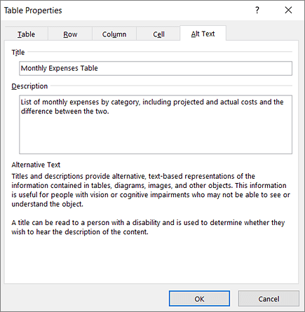 Screenshot of the Alt Text tab of the Table Properties dialog box