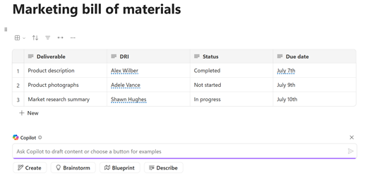 An image of a table in Loop showing different the creation status of various marketing assets.