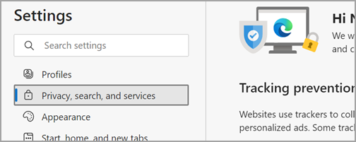 How to get to the Privacy, search, and services bar. 