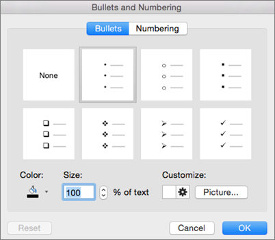 Office for Mac Bullet and Numbering dialog