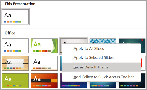 Selecting a default theme in Microsoft PowerPoint.