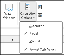 Format Stale Values setting available in the Ribbon to turn off or on, in Partial or Manual Calculation mode.