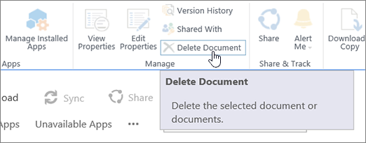 Delete Document button highlighted in Files ribbon