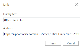 Hyperlink dialog for OneNote for the web