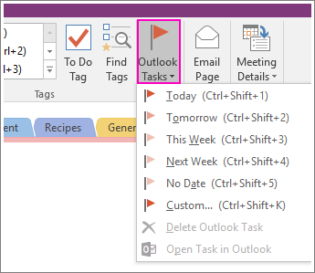 Screenshot of the OutLook Tasks button in OneNote 2016.