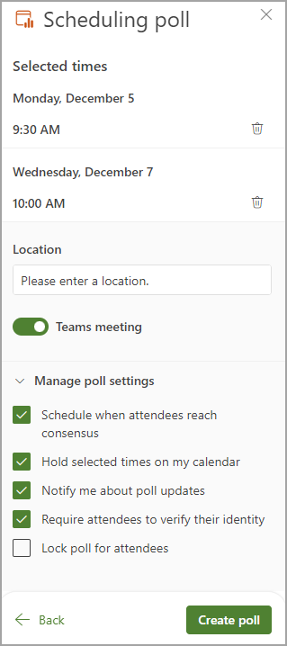 List of selected times and poll settings before available before finishing creating the poll.