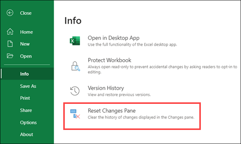 Excel for the web Reset Changes