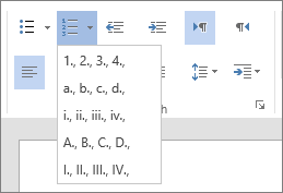 Screenshot of Numbering option in the Paragraph Group on the Home tab, with number and letter options for sequential lists.