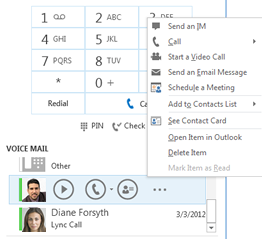 Screenshot of check voicemail in Lync