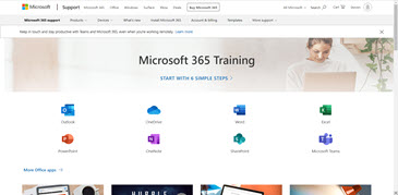 Home page of the Office Training Center with icons for the different Office apps and tiles for available content types