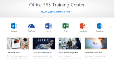 Home page of the Office Training Center with icons for the different Office apps and tiles for available content types
