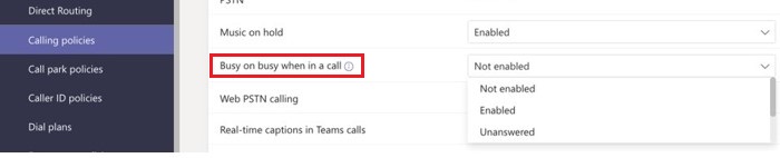 A screenshot of Teams Admin Center settings. A red box highlights the Busy on busy setting for phones.