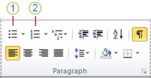 Word 2010 Bullets button and Numbering button