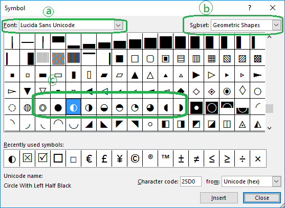 The Unicode font in the Insert Symbol dialog box includes Harvey ball symbols
