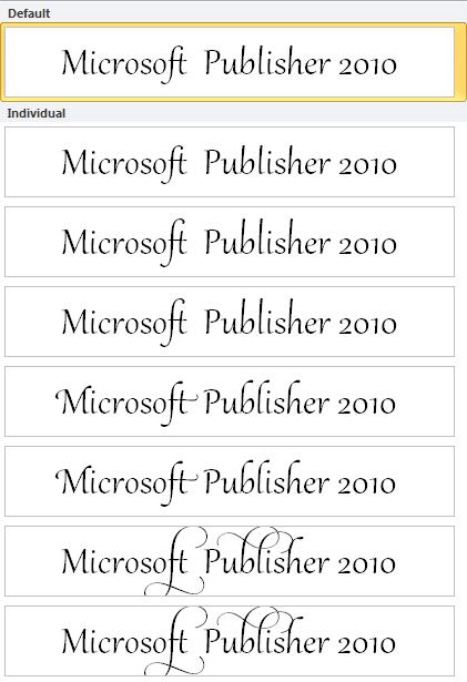 Publisher 2010 stylistic set for advanced typography in OpenType fonts