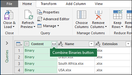 Press the Combine Binaries button from the query Content column or from the Combine section in the Power Query Ribbon