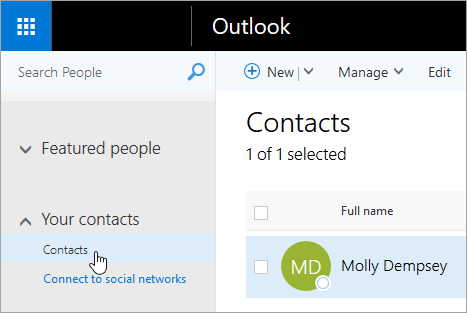 A screenshot of the cursor hovering over the Contacts button on the People page.